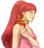 breasts drawing gentle giantess mega color long_hair blue_eyes clothed giganta red_hair ponytail costume earrings flash on_shoulder no_background dc_comics sitting_on_shoulder the_flash