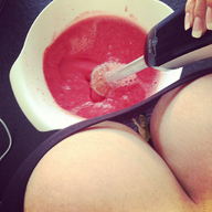 gentle collage large_breasts cleavage kitchen shrunken_man manicure mixing looking_up_at_viewer between_breasts