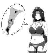 drawing panties monochrome large_breasts long_hair bra anime eliza smiling navel shrunken_man closed_eyes zoom source_needed between_breasts