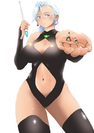 drawing white_hair size_difference color blue_eyes handheld cleavage glasses ビク太 wand bikuta no_background looking_at_tiny
