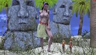 breasts nipples black_hair sword barefoot shrunken_men looking_down grass sand palm_trees statues helmet warriors drcreep digital_render grass_skirt inner_thigh tropics