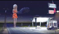 breasts drawing giantess white_hair city mega color barefoot cleavage susan ginormica dress short_hair painting vehicles clouds night monsters_vs_aliens sad road power_lines sign bare_legs susan_murphy dreamworks gas_station