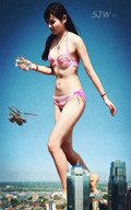 collage mega black_hair swimsuit destruction handheld barefoot buildings helicopter asian navel foot_crush belly hand_crush thighs ankles sjw source_needed