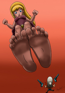 drawing size_difference blonde color blue_eyes crossover barefoot giganta hat alice_in_wonderland guns imminent_crush looking_at_tiny dc_comics micromike red_background yosemite_sam looney_tunes