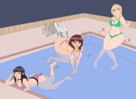 drawing blushing blonde color tongue swimsuit blue_eyes handheld toes barefoot cleavage soles butt_crush green_eyes brunette navel anal_insertion belly pool open_mouth giantesses falling thighs choker between_fingers necklace earrings screeeow ankles imminent_vore on_body looking_at_tiny between_breasts