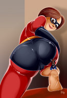 drawing color butt clothed barefoot soles brunette brown_eyes smiling camel_toe gloves shrunken_man mask costume milf disney looking_back imminent_butt_crush the_incredibles elasti-girl pixar syndrome kisparlius