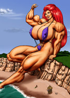 breasts drawing giantess color long_hair swimsuit beach cleavage huge_breasts red_hair muscles looking_at_viewer cliff