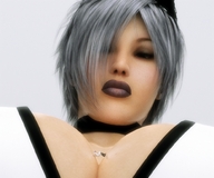 size_difference cleavage looking_down grey_hair ivory boomgts no_background digital_render between_breasts