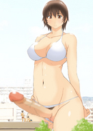 drawing giantess color futanari swimsuit penis buildings brunette short_hair stomach looking_down censored looking_at_giantess bikuta large_penis