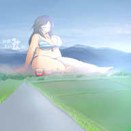drawing giantess mega color swimsuit cleavage glasses anime blue_hair sitting mountains fields overweight みとん miton