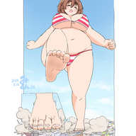drawing giantess mega comic color swimsuit destruction barefoot brunette foot_crush voluptuous closed_eyes raised_foot みとん miton