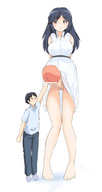 drawing gentle size_difference black_hair color futanari penis anime brown_eyes looking_down thighs white_dress looking_at_tiny みとん miton