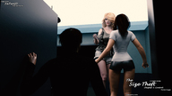blonde black_hair butt clothed mini_giantess amazon short_shorts unaware shirt digital_render fater onlooker