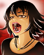 drawing vore blonde black_hair color long_hair tongue clothed teeth saliva brown_eyes shrunken_woman pants necklace commission struggling angelgts crop_top carnifex125