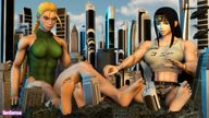 breasts giantess feet city mega destruction crossover barefoot helicopter sitting street_fighter giantesses women top leotard unitard digital_render tekken gensamus cammy_white
