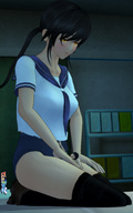 gentle blushing black_hair yellow_eyes shrunken_man looking_down digital_render