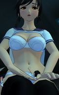 gentle panties blushing black_hair bra yellow_eyes shrunken_man looking_down digital_render