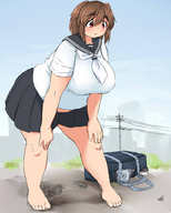 drawing giantess color clothed barefoot red_eyes huge_breasts brunette bbw looking_down vehicles bag power_lines looking_at_tiny みとん miton
