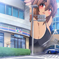 drawing giantess city blonde color destruction clothed cleavage red_eyes huge_breasts brunette bbw vehicles vehicle_crush looking_at_tiny みとん miton