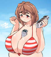 drawing giantess color swimsuit handheld huge_breasts brunette bbw looking_down vehicles みとん miton between_breasts