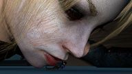 giantess mega blonde scared lips harley_quinn shrunken_man looking_down red_lips perspective looking_at_giantess looking_at_tiny digital_render nightwing