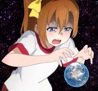 drawing giantess collage earth space color blue_eyes planet anime red_hair ponytail unknown_artist open_mouth hair_bow source_needed looking_at_tiny cosmic_giantess