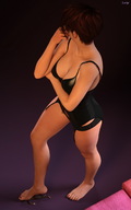 barefoot cleavage glasses red_hair foot_crush shrunken_man mr_luigi under_foot red_nails digital_render