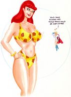breasts drawing giantess mega blonde color cleavage green_eyes giganta red_hair cape belt leotard dialogue hands_on_hips power_girl joe_gravel leopard_print no_background dc_comics
