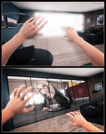 gentle giantess blonde smiling lying_down living_room looking_at_viewer sorenzer0 digital_render bright_light two_panel hands_up glass_partition