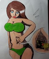 drawing giantess color long_hair swimsuit blue_eyes buildings brunette navel looking_down lipstick sign in_belly_button