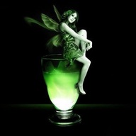 collage wings long_hair high_heels fairy brunette dress sitting glass drink looking_at_viewer black_background hugging_knee