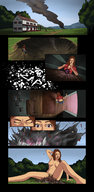 breasts drawing growth nipples giantess nude comic color destruction barefoot cleavage brunette outgrowing_building story sitting surprised legs rubble touching ripped_clothing countryside kitchen_table debris farm_house crater meteorite orb