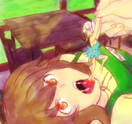 drawing color tongue handheld saliva anime red_eyes brunette lying_down shrunken_woman open_mouth dangle imminent_vore looking_at_tiny pochiipon