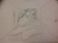 drawing growth monochrome barefoot dress mini_giantess sitting indoors