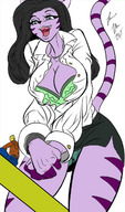 breasts drawing gentle giantess panties tail tiger black_hair color long_hair cleavage bra skirt smiling sitting cat_woman looking_down pants looking_up shirt hoodie purple_skin no_background sly_cooper_(series) neyla