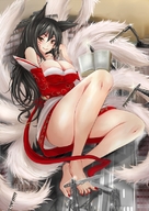 drawing giantess tail black_hair color destruction barefoot cleavage sitting red_nails road looking_at_viewer book multiple_tails league_of_legends nonoririn ahri pointed_ears