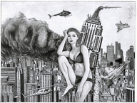 breasts drawing giantess panties city mega blonde monochrome destruction barefoot bra buildings helicopter marcos_snowbell lingerie jets marcos new_york_city empire_state_building