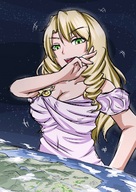drawing giantess earth blonde space color cleavage green_eyes looking_down clouds white_dress etz cosmic_giantess