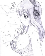 drawing mega monochrome large_breasts attack bra helicopter airplane headphones clouds hank88 sonico