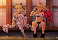 drawing blonde color clothed saber anime green_eyes shoes stockings gloves dress sitting shorts unaware shrunken_man grass coat fate/stay_night crop_top fate/apocrypha mordred shirou_emiya fate_(series)