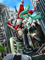 drawing giantess hatsune_miku city color long_hair destruction blue_eyes skirt anime green_hair fighting ultraman