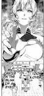 drawing giantess blonde monochrome clothed anime kitchen reaching unaware food shirt wars chefs