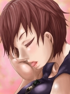 drawing gentle color tongue cleavage saliva brunette shrunken_man pants closed_eyes nekomata between_breasts