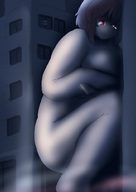 drawing giantess nude color buildings red_eyes hiding crouching みとん miton