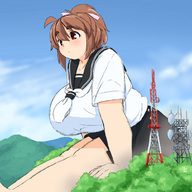 drawing giantess mega color red_eyes huge_breasts brunette sitting tower みとん miton