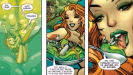 drawing gentle comic color tongue butt clothed mouth cleavage green_eyes lips red_hair ponytail boots harley_quinn spoon shrunken_woman looking_down costume poison_ivy dialogue tickling imminent_vore white_skin dc_comics jello