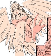 drawing giantess wings monochrome claws cleavage buildings anime seo_tatsuya navel foot_crush harpy looking_at_viewer no_background bird_feet
