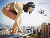 giantess collage city mega swimsuit destruction helicopter brunette reaching looking_down sunglasses sjw