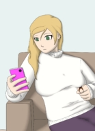 drawing gentle blonde color clothed handheld sitting shrunken_man cellphone sofa