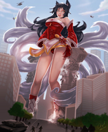drawing giantess city black_hair color destruction buildings helicopter military legs sky league_of_legends ahri angelgts